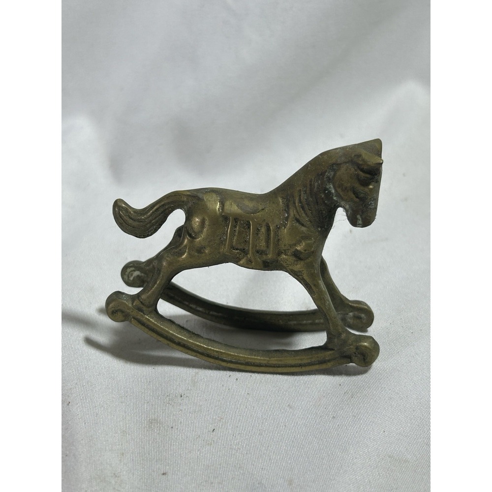 Vintage Solid Brass Rocking Horse Lifelike Head Down Saddle Figurine 3" x 2.5"